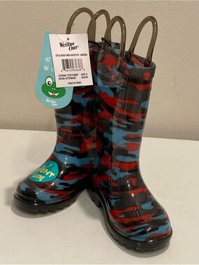Western Chief Light Up Kids Size 6 Camo Rainy Day Boots with Pull Handles NEW